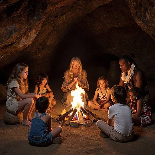 Photograph of seven children, including two girls with long hair, sitting in a dark cave around a bright campfire, wearing casual and tribal-inspired clothing