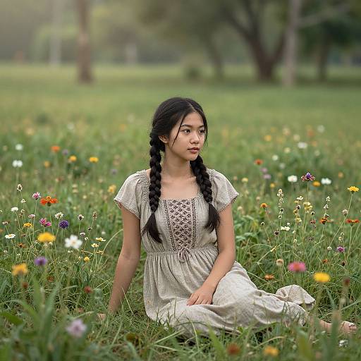 Photograph of an Asian woman with long black braids, wearing a white lace dress, seated in a colorful meadow of wildflowers.