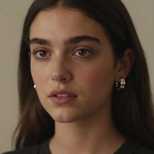 Photograph of a young woman with fair skin, brown eyes, and long dark hair, wearing small gold hoop earrings, looking slightly to the right,
