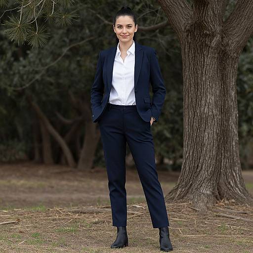 Photograph of a confident woman with dark hair in a bun, wearing a black suit, white shirt, and black boots, standing in a forest with