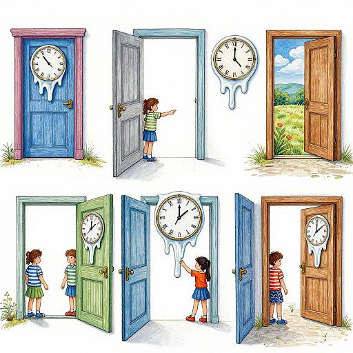 Colorful cartoon of a child with brown hair, striped shirt, and shorts, opening various doors with clocks, some dripping water, leading to sunny outdoor