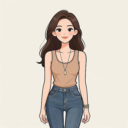 Digital illustration of a young woman with long brown hair, wearing a beige tank top, blue jeans, necklace, and bracelets, smiling against a white background