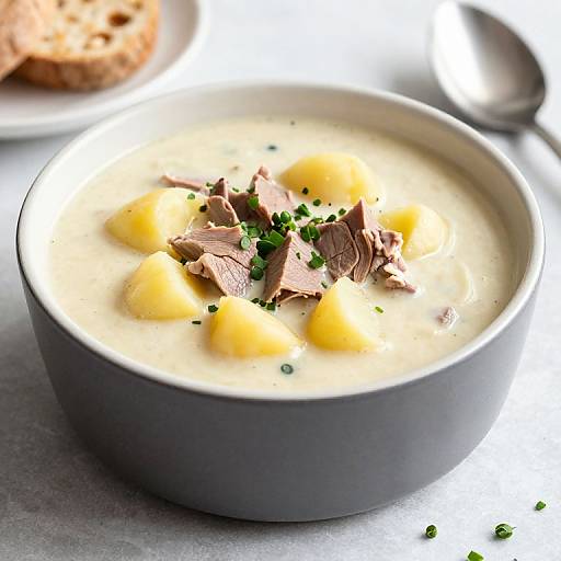 Photograph of creamy soup with diced yellow potatoes and chunks of brown roast beef, garnished with green chives, in a gray bowl. Background includes
