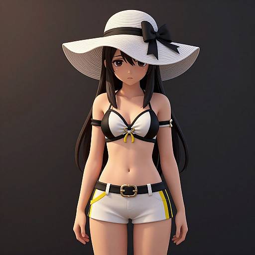 Digital anime-style drawing of a young woman with long black hair, wearing a white sunhat, black-and-white bikini top, white shorts with black and
