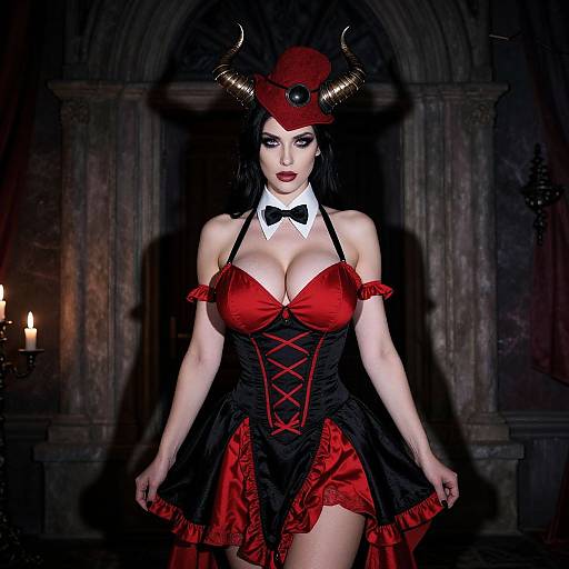 Photograph of a pale-skinned, dark-haired woman in a red and black devil-themed costume with horns, corset, bowtie, and mini