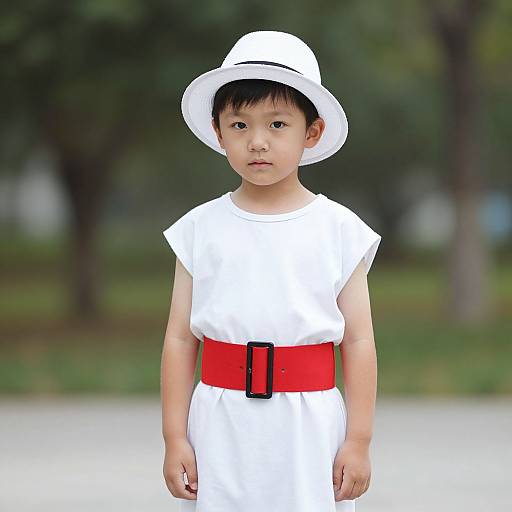 Photograph of an Asian toddler with short black hair, wearing a white dress, white wide-brimmed hat, and red belt with black buckle,