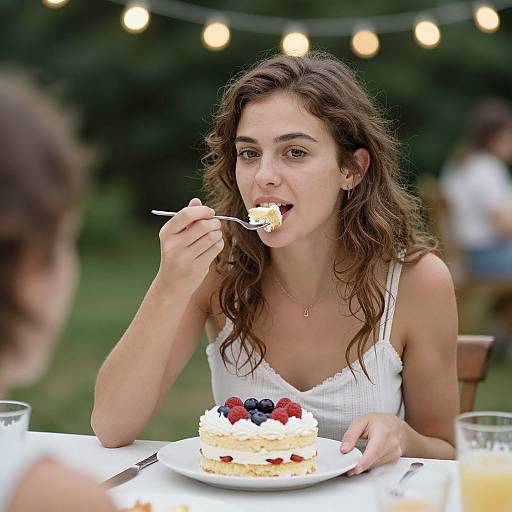 Photograph of a young woman with wavy brown hair, wearing a white tank top, eating a slice of berry-topped cake outdoors under string lights