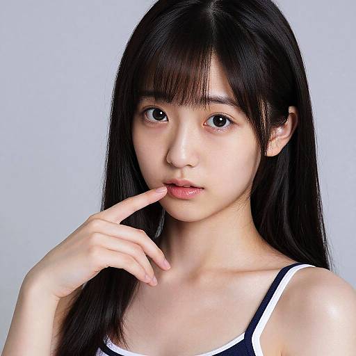 Photograph of an Asian woman with long black hair, fair skin, and straight bangs. She wears a black and white tank top, gently touching