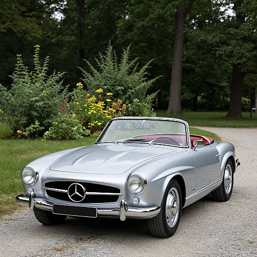 Photograph of a silver Mercedes-Benz convertible with red interior, parked on a gravel path in a lush, green garden with tall trees and colorful flowers in