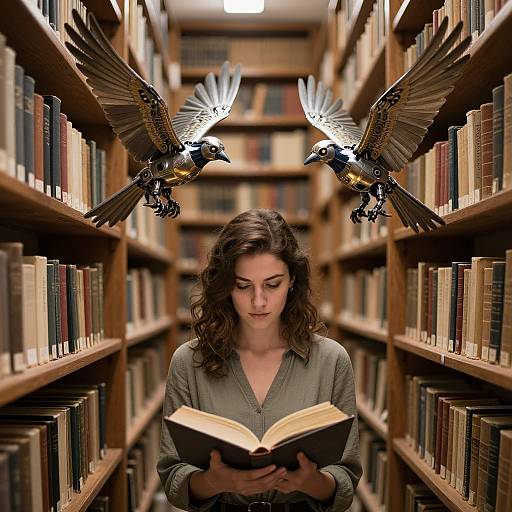Photograph of a young woman with curly brown hair, wearing a green blouse, reading a book in a library aisle flanked by two flying black and