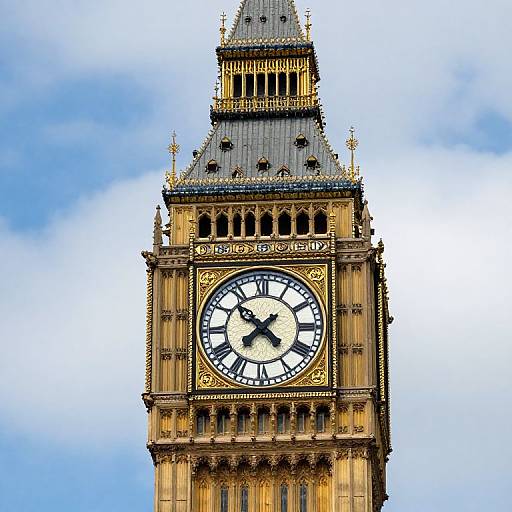 Photograph of London's Big Ben clock tower with a detailed, gold-trimmed clock face against a blue, partly cloudy sky.