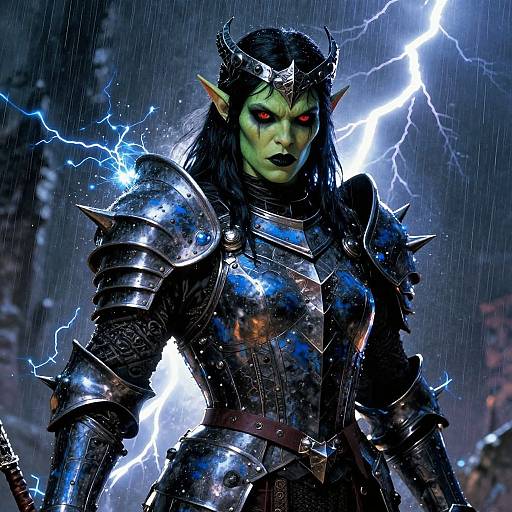 Digital art of a green-skinned, red-eyed elf warrior with black hair, wearing shiny, spiked silver armor, standing in a stormy night with