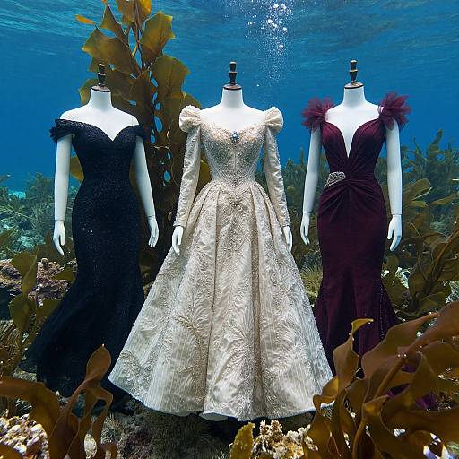 Photograph of three white mannequins underwater, wearing elegant dresses: black off-shoulder, ivory lace ballgown, and deep burg