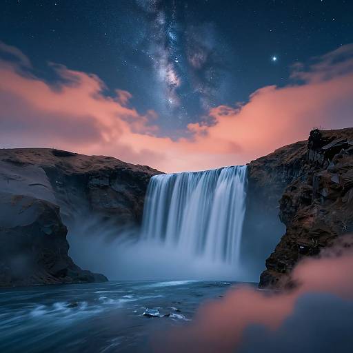 Photograph of a stunning waterfall at night, with flowing water illuminated by moonlight, surrounded by rocky cliffs and vibrant pink-orange clouds. The Milky Way