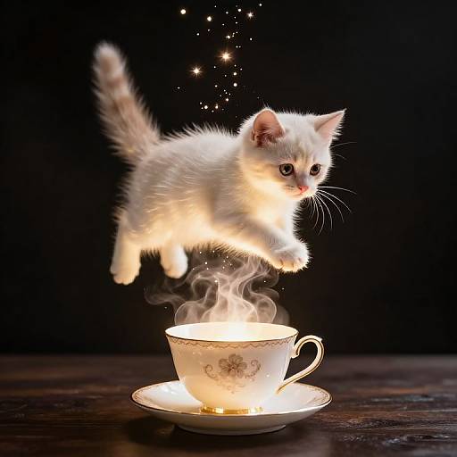 Photograph of a fluffy white kitten with glowing edges, jumping from above a steaming, illuminated teacup on a dark wooden surface. Sparkles