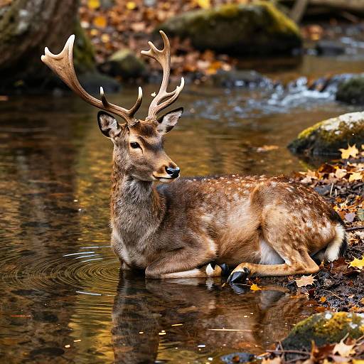 Photograph of a majestic brown deer with large antlers resting in a shallow, autumnal forest stream, surrounded by fallen leaves and moss-covered rocks.