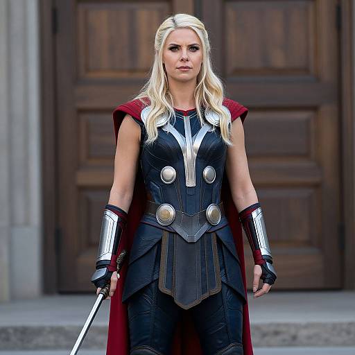 Photograph of a blonde woman in black and silver superhero armor with red cape, holding a sword, standing in front of a wooden door.