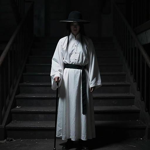 Mysterious Figure in White Robe with Cane