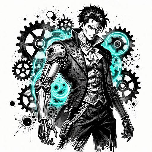 Black-and-white digital anime-style drawing of a muscular man with spiky hair, cybernetic arm, and glowing blue gears in the background. He