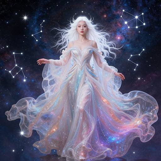 Digital art of a celestial, ethereal woman with flowing white hair, wearing a glowing, iridescent gown, surrounded by a starry, cosmic
