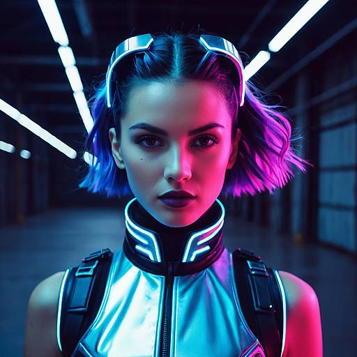 Futuristic Woman in Neon Lighted Warehouse