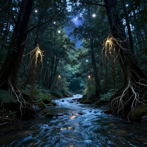 Moonlit forest scene with glowing fairy lights hanging from exposed roots, illuminating a rushing stream. Dark, dense trees frame the magical night view. Digital