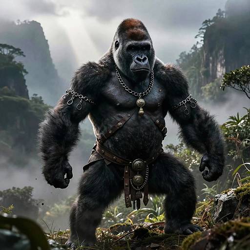 Photorealistic CGI of a muscular, black-furred gorilla warrior with tribal jewelry, standing in a misty, lush jungle with towering cliffs.