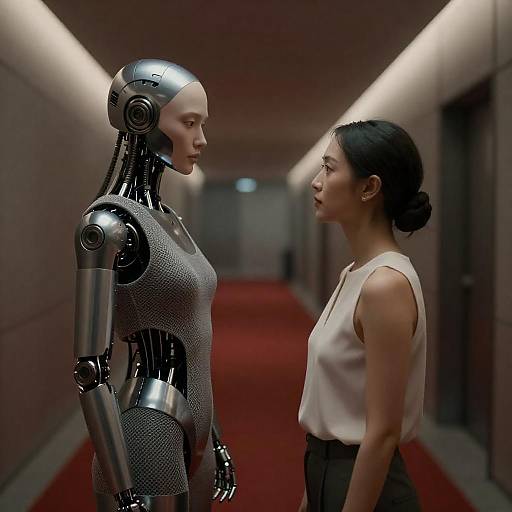 Red Carpet Encounter in Futuristic Hallway