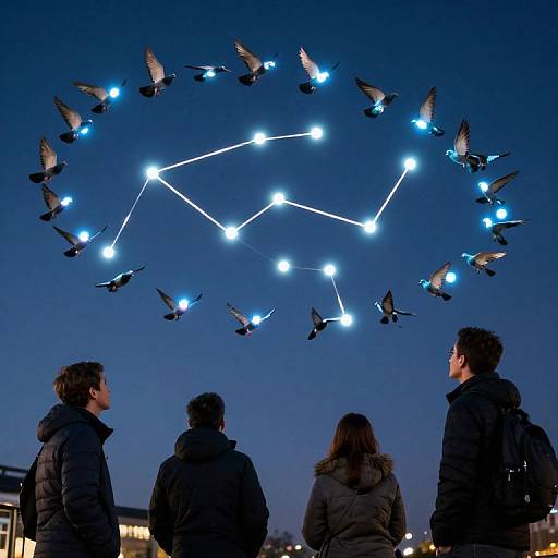 Photograph of three people in dark jackets, watching a circle of glowing birds forming a constellation in a twilight sky.