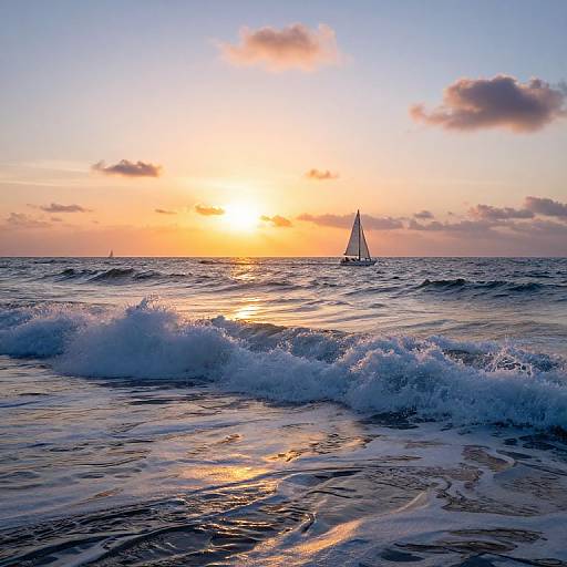 Photograph of a vibrant sunset over a gently crashing ocean, with a single sailboat in the distance, under a sky with scattered clouds.