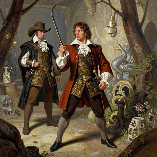 Baroque-style painting of two 18th-century men in pirate attire, one with a sword, standing in a mystical forest room.