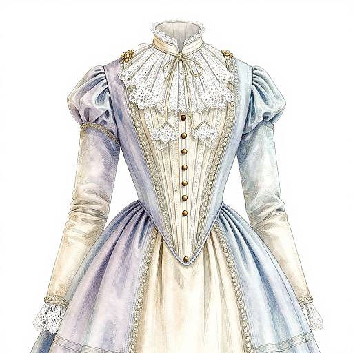 Victorian-style dress photograph: light blue and white satin with puffed sleeves, lace collar, high neck, buttoned front, intricate embroidery, elegant