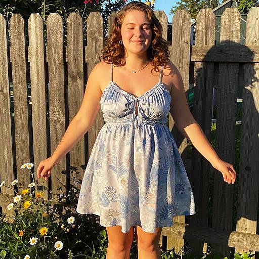 Photograph of a smiling, curly-haired woman in a white floral sundress standing in a sunny garden with wooden fence and daisies.