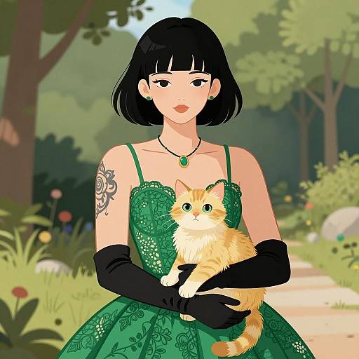 Elegant Woman with Cat in Lush Nature