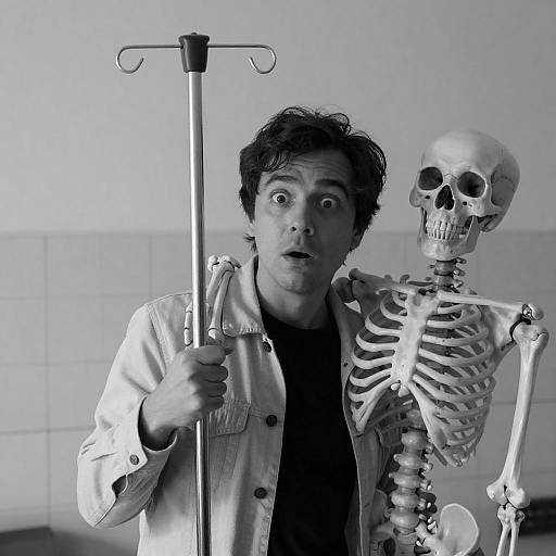 Startled Man with Skeleton in Photo