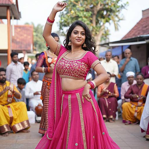 Photograph of a confident Indian woman in a pink traditional lehenga with gold embroidery, dancing outdoors, surrounded by seated onlookers.