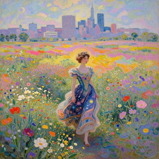 Impressionist digital painting of a curly-haired woman in a blue floral dress walking through a vibrant field of flowers, with a city skyline in the background
