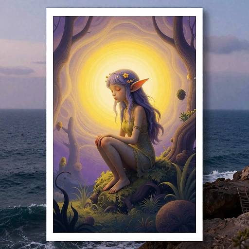 Digital fantasy artwork of a purple-haired, elf-like woman with pointed ears, wearing a floral crown and leafy dress, squatting on a mossy