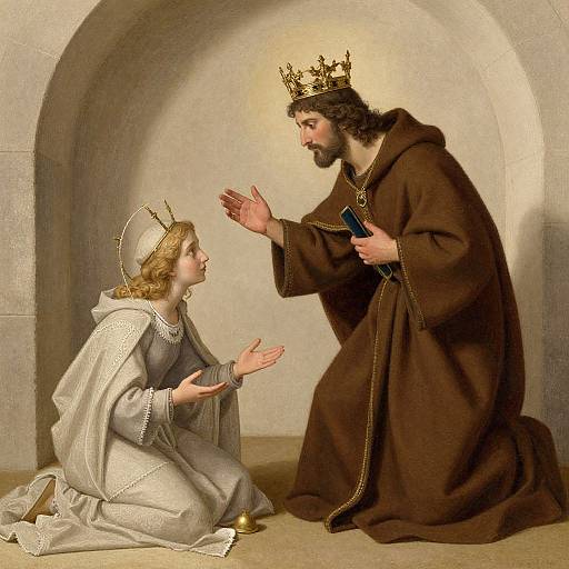 Digital painting of Jesus kneeling before Mary, both with gold crowns, Jesus in brown robe, Mary in white, in an arched, stone-w