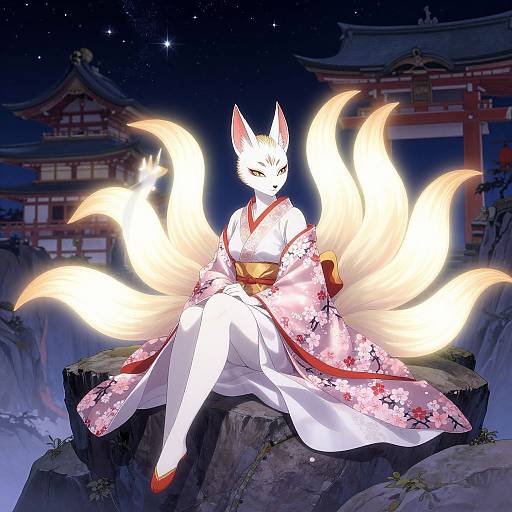 Digital art of a white fox-woman in a floral kimono, seated on a rock, with glowing nine tails, under a starry night sky