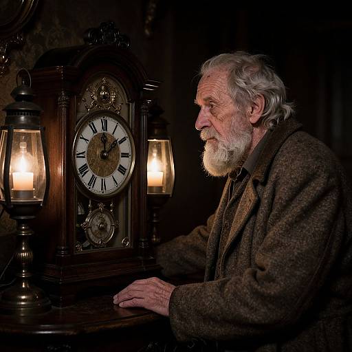 Photograph of an elderly white man with white beard and gray hair, wearing a brown wool coat, gazing at an antique wooden clock illuminated by two