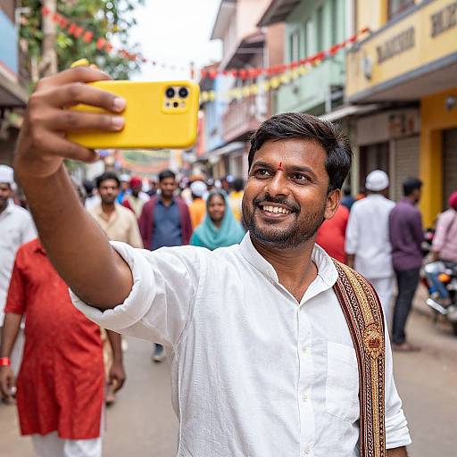 Photograph of a smiling South Asian man in a white shirt taking a selfie with a yellow phone on a bustling street. Background includes colorful buildings, people