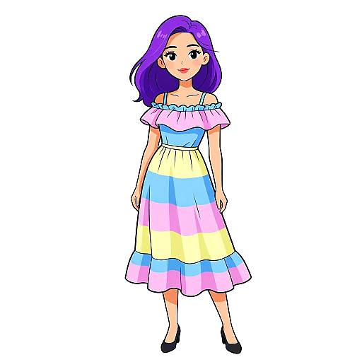 Digital illustration of a woman with purple hair, wearing a pastel-striped off-shoulder dress, standing against a white background.