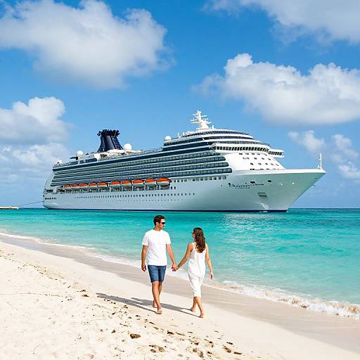 Couple in white holding hands on sunny beach, facing massive white cruise ship docked in turquoise ocean under bright blue sky.