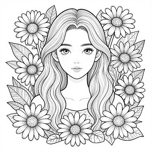Black-and-white line drawing of a young woman with wavy hair surrounded by detailed daisies, creating a floral crown effect.