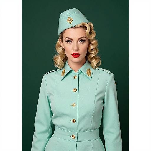Photograph of a blonde woman with curled hair, wearing a light blue military-style uniform with gold buttons and hat, against a dark green background.