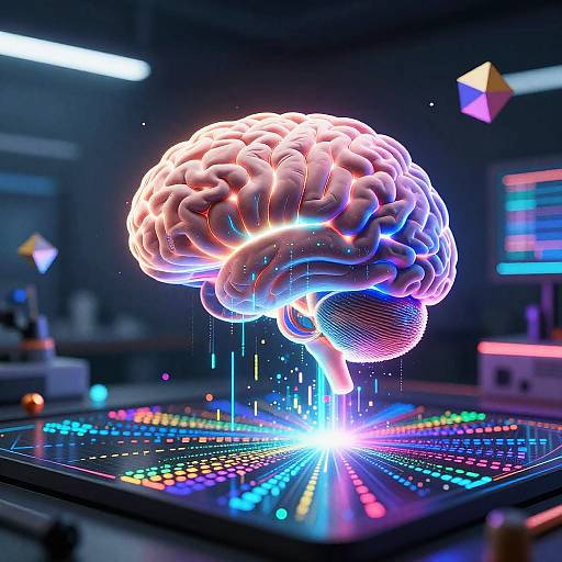 CGI image of a glowing, neon-lit brain hovering above a colorful, illuminated control panel, with geometric shapes floating in the background.