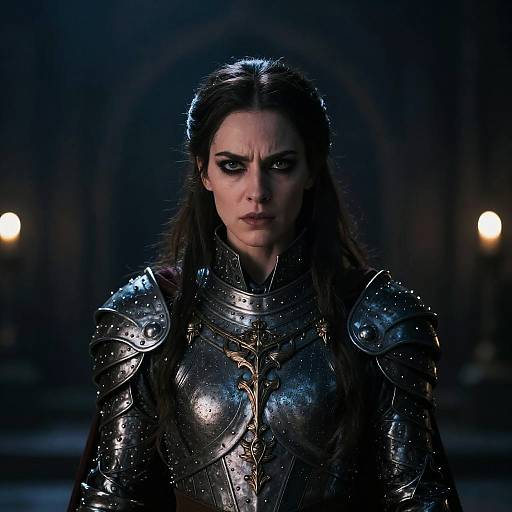 Photograph of a serious, dark-haired woman in shiny, reflective medieval armor with intricate gold patterns, set against a dimly lit, blurred background.