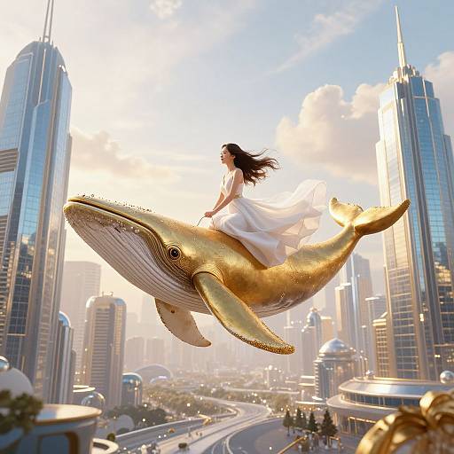 Digital artwork: A woman in a flowing white dress rides a golden, oversized whale amidst towering skyscrapers with a bright, sunny sky.