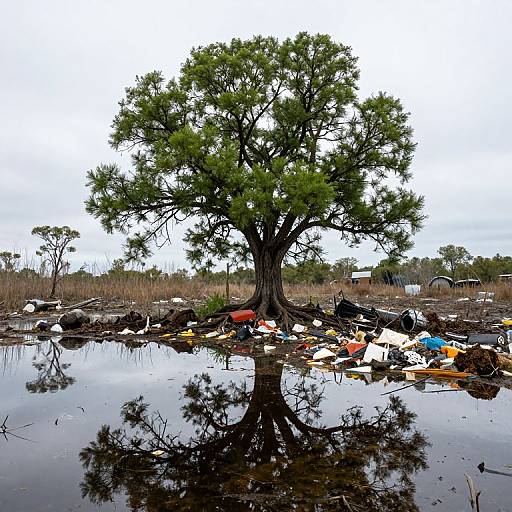 Photograph of a large, green-leaved tree standing in a muddy, trash-filled waterlogged area with reflections, under an overcast sky.